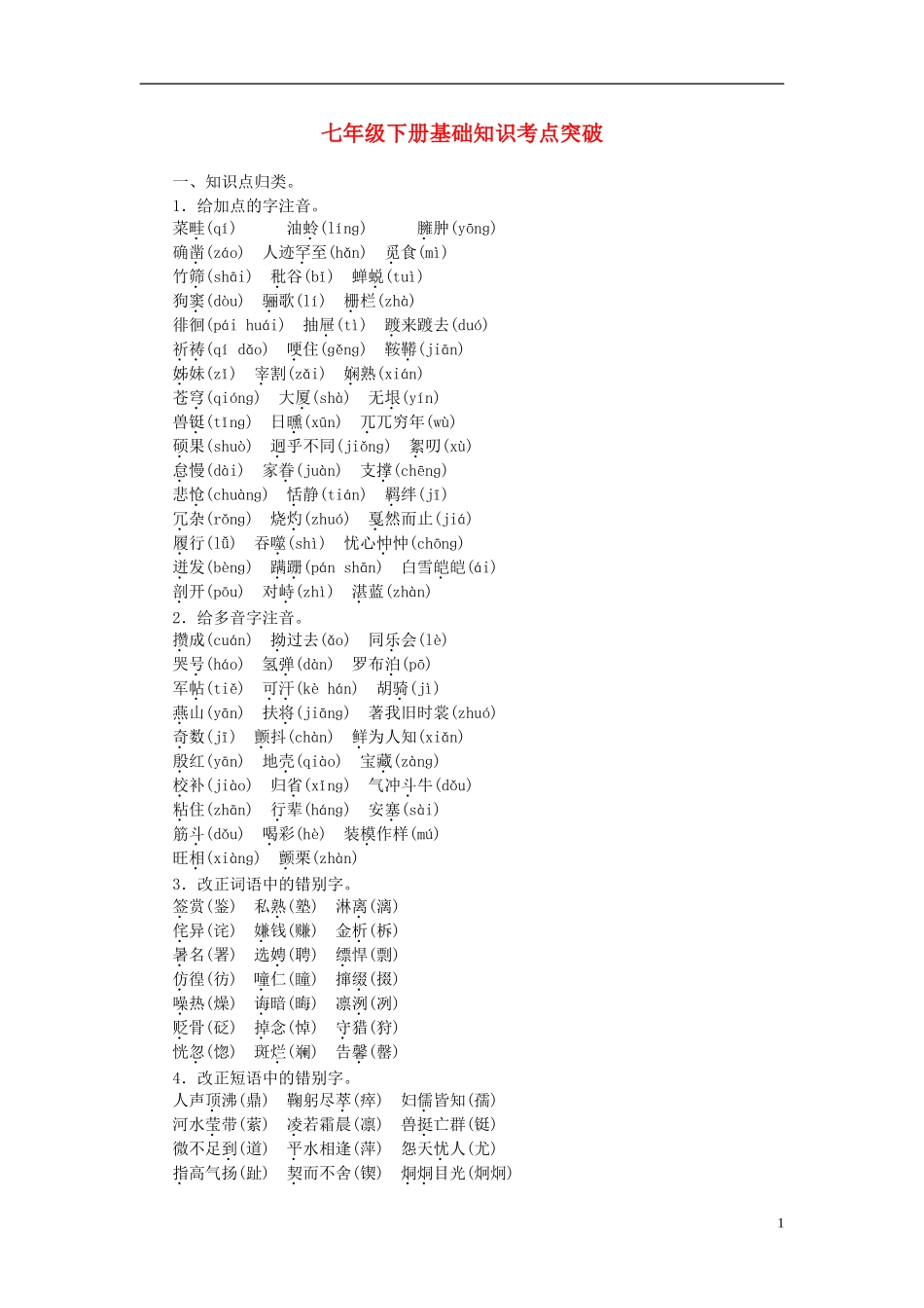 【聚焦中考】2015年中考语文专项复习七下基础知识考点突破_第1页