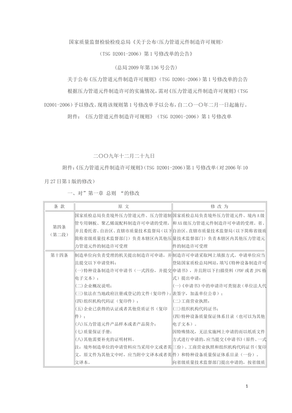 压力管道元件制造许可规则第一号修改单_第1页