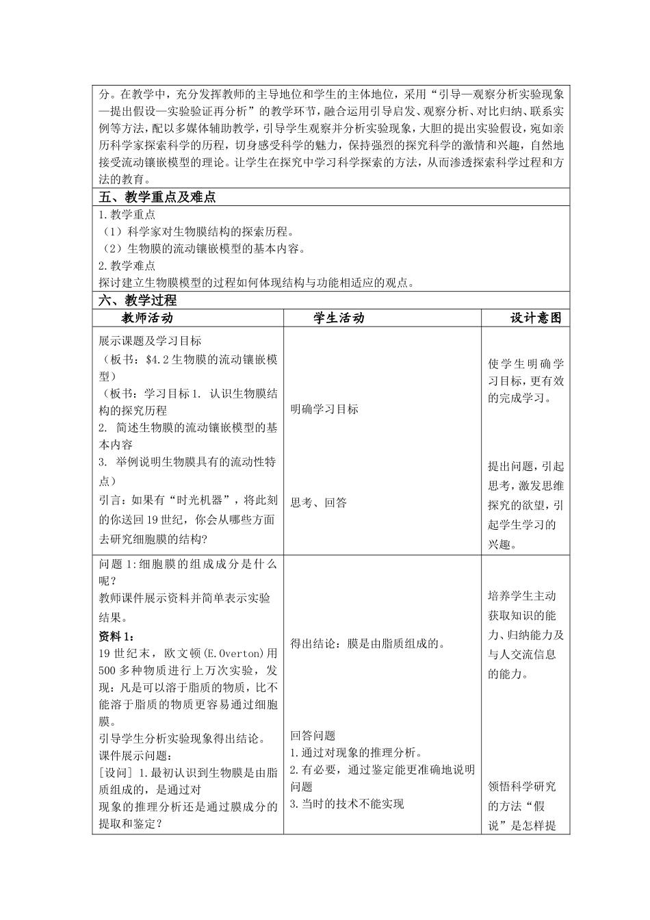 高中生物必修一 第四章 第二节 生物膜的流动镶嵌模型 教学设计与反思_第2页
