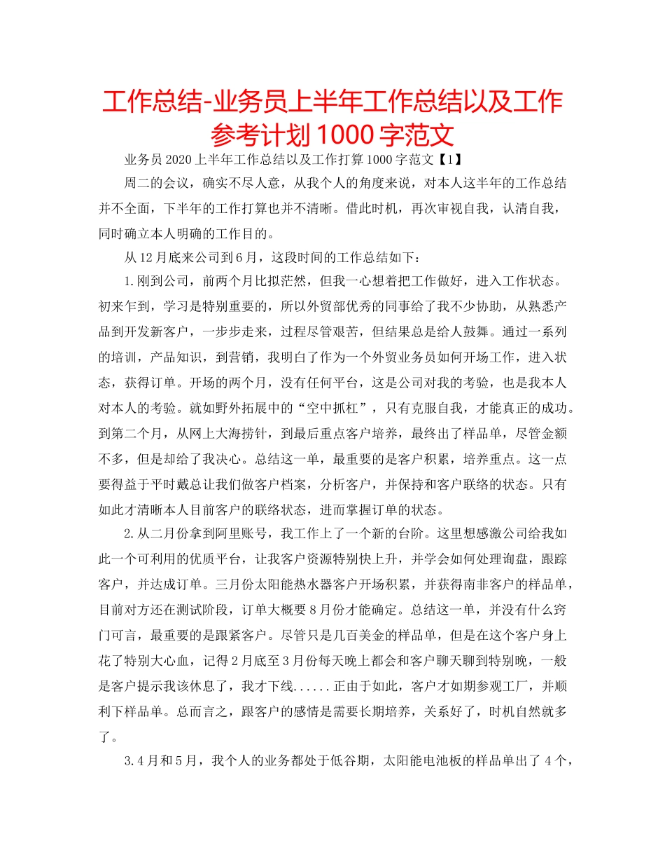 工作总结-业务员上半年工作总结以及工作参考计划1000字范文 _第1页