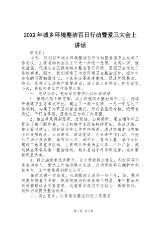 20XX年城乡环境整洁百日行动暨爱卫大会上讲话发言