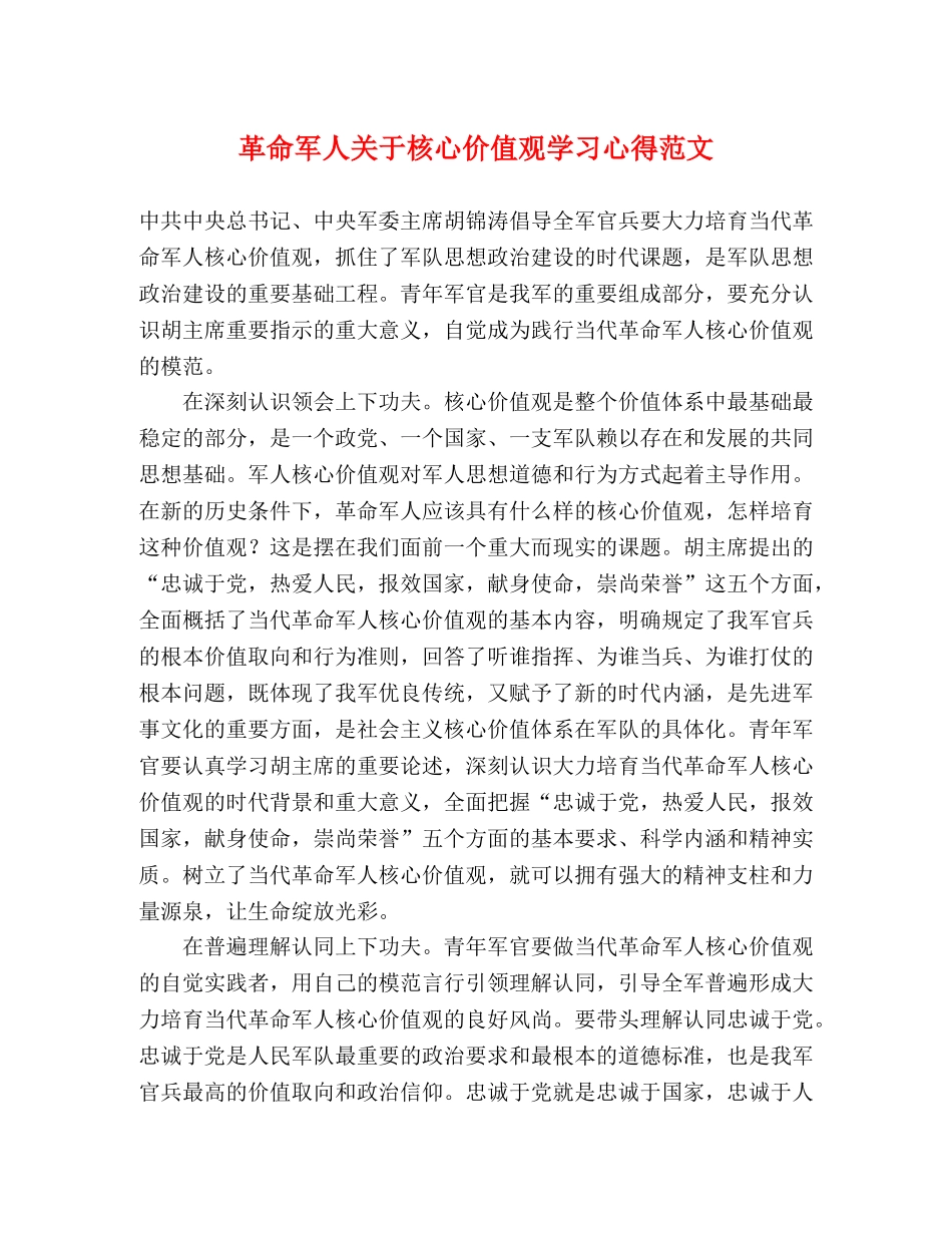 革命军人关于核心价值观学习心得范文 _第1页