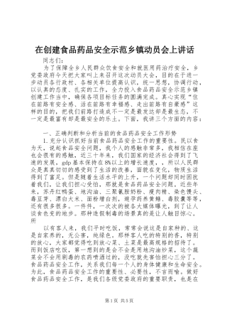 在创建食品药品安全示范乡镇动员会上讲话发言