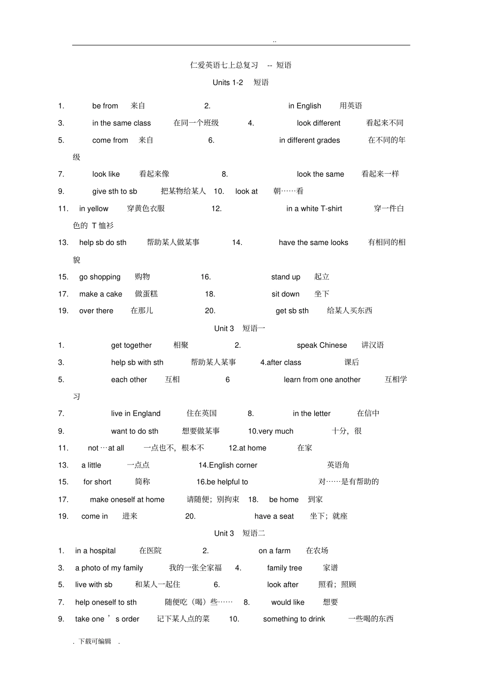 仁爱版七年级英语上册短语汇总_第1页