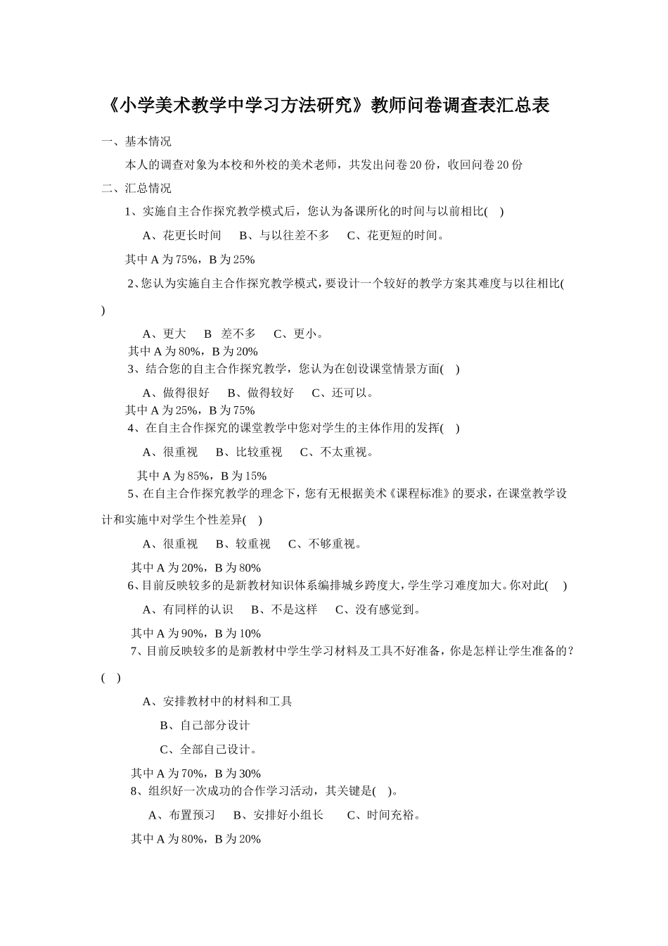 小学美术教学中学习方法研究问卷调查_第1页