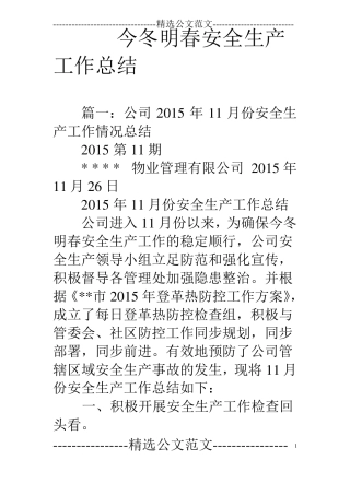 今冬明春安全生产工作总结