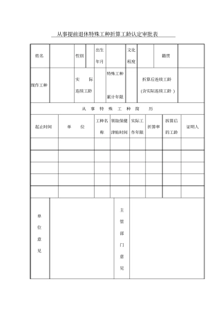 从事提前退休特殊工种折算工龄认定审批表