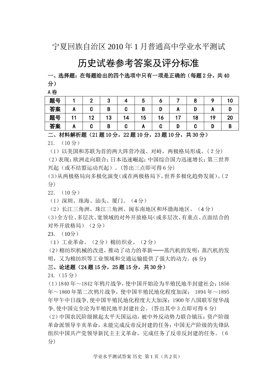 宁夏回族自治区2010年1月普通高中学业水平测试历史会考试题答案_第1页
