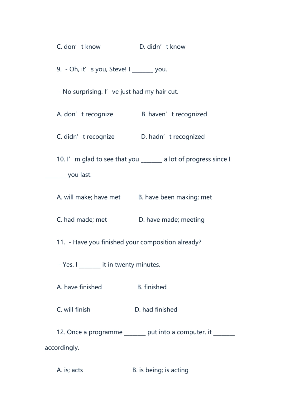 初中英语语法时态专项练习及答案（4）_第3页