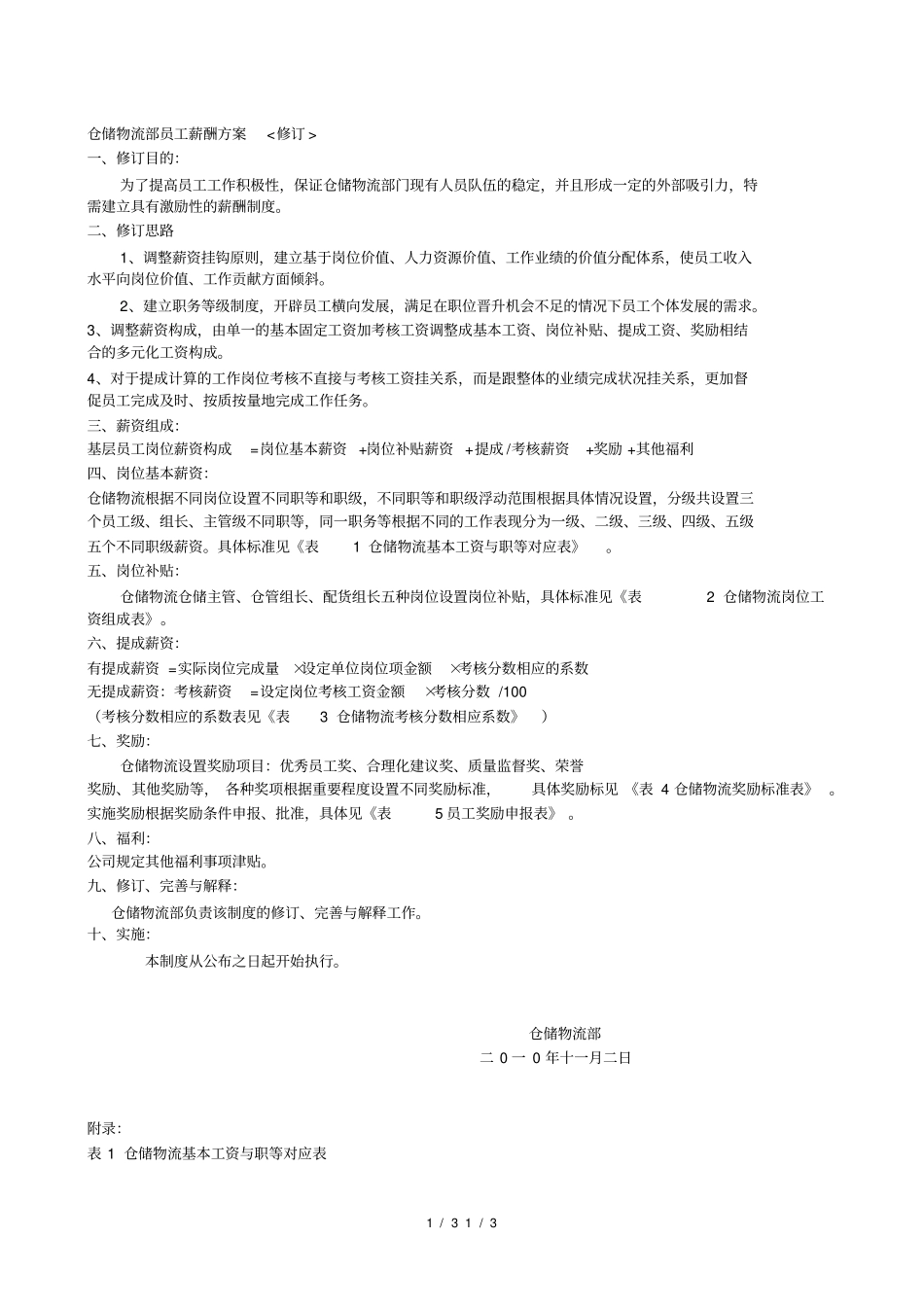 仓储物流部薪酬方案_第1页