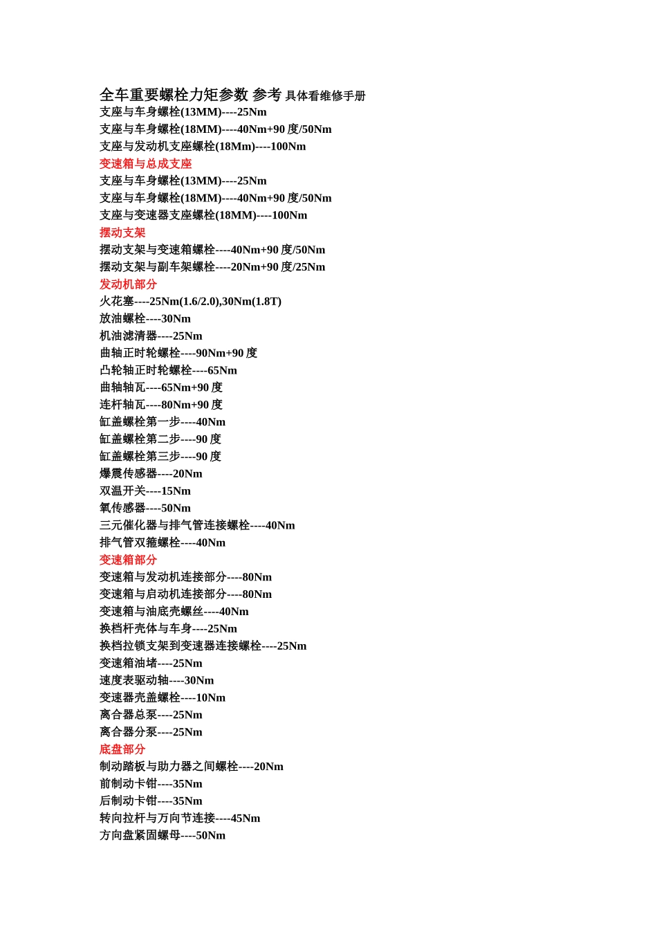 全车重要螺栓力矩参数 参考 具体看维修手册_第1页