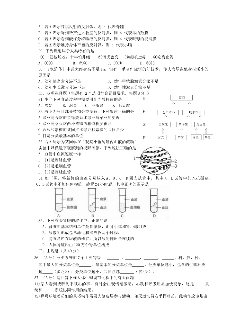 2013-2014第二学期苏科版七年级生物期末模拟卷_第3页