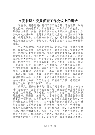 市委书记在党委督查工作会议上的讲话发言
