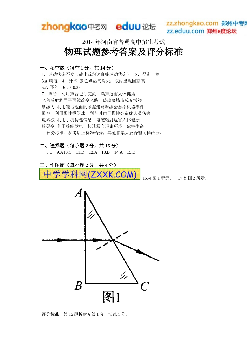 2014年中招物理答案_第1页