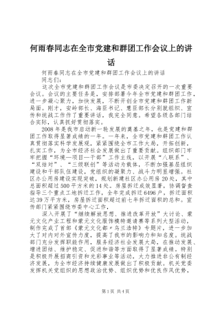 何雨春同志在全市党建和群团工作会议上的讲话发言