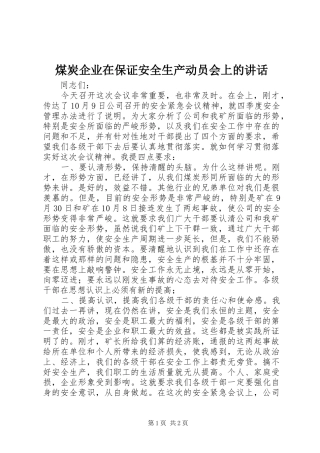 煤炭企业在保证安全生产动员会上的讲话发言