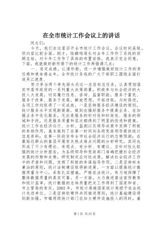 在全市统计工作会议上的讲话发言