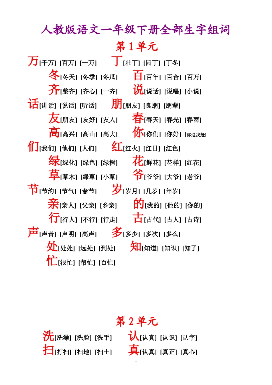 人教版语文一年级下册全部生字组词_第1页