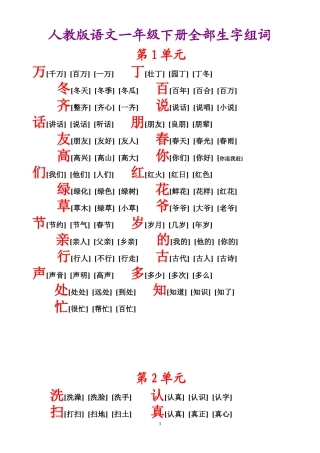 人教版语文一年级下册全部生字组词