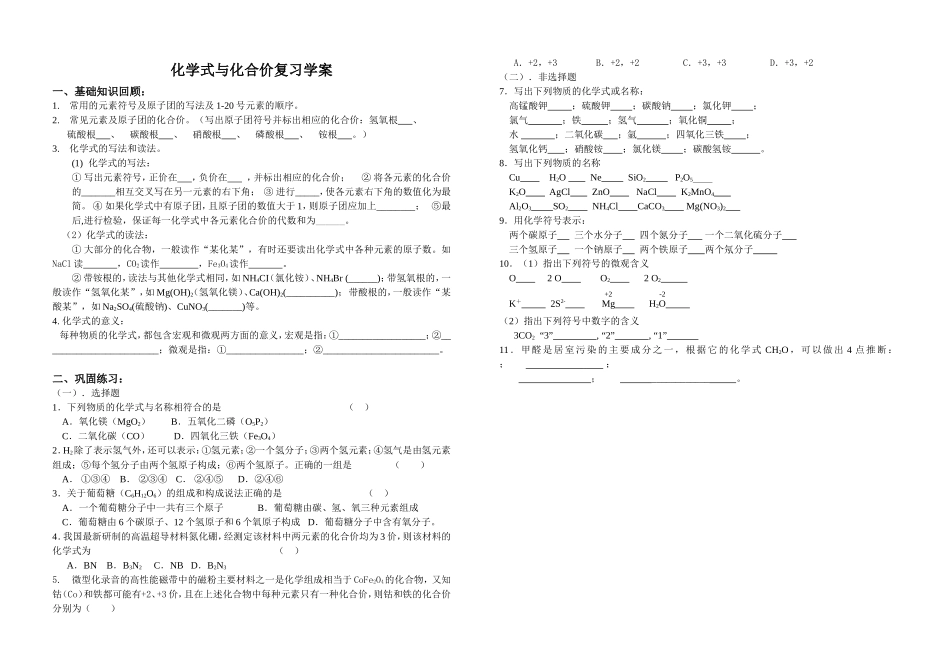 化学式与化合价复习学案_第1页