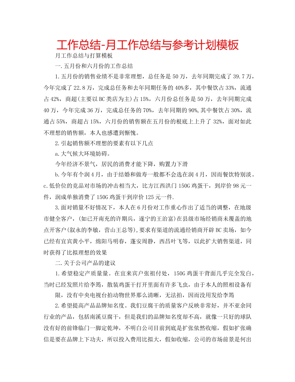 工作总结-月工作总结与参考计划模板 _第1页