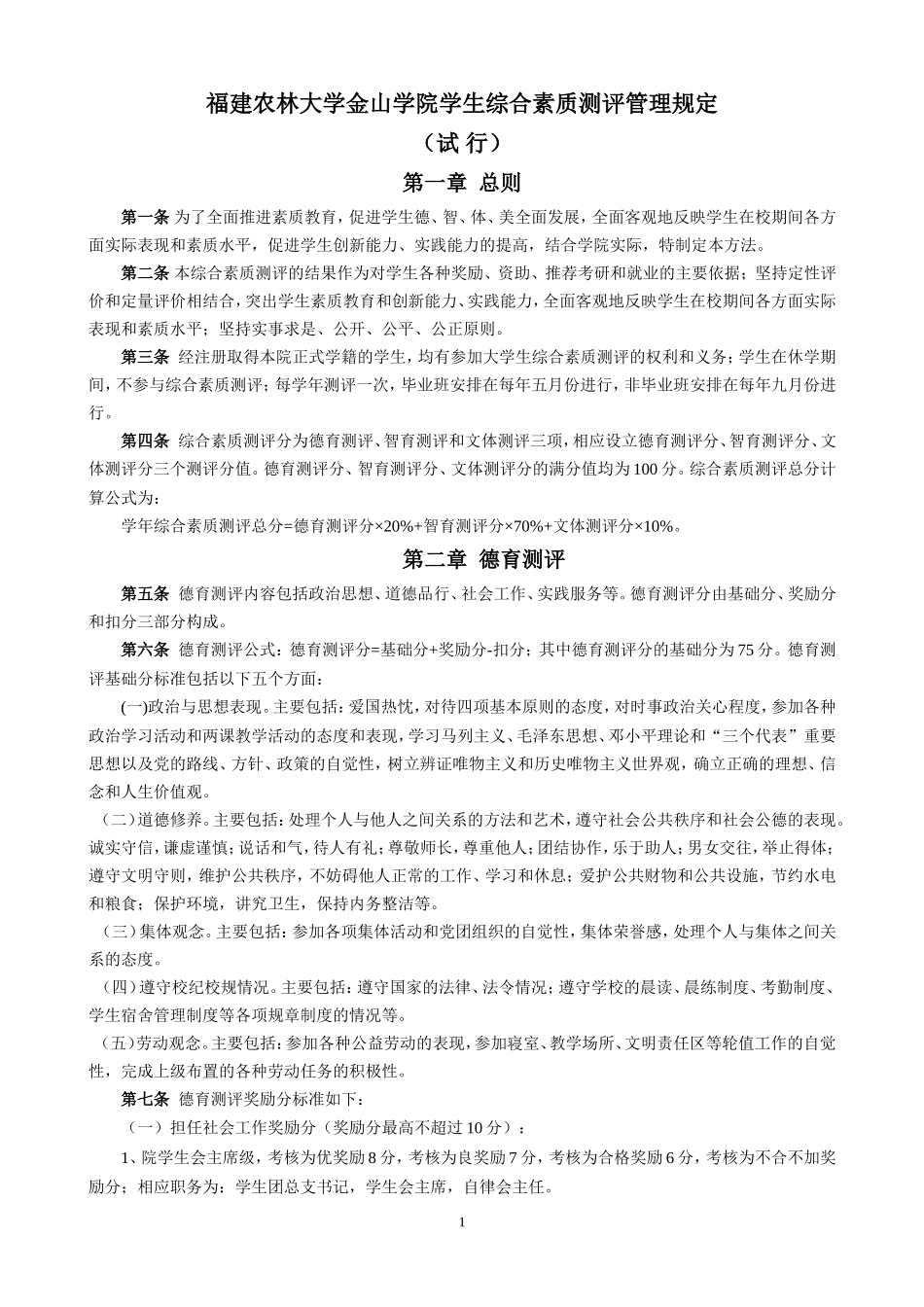 福建农林大学金山学院学生综合素质测评管理规定09.9.7_第1页