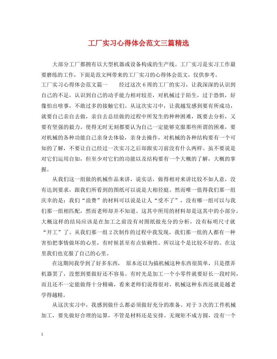 工厂实习心得体会范文三篇精选 _第1页