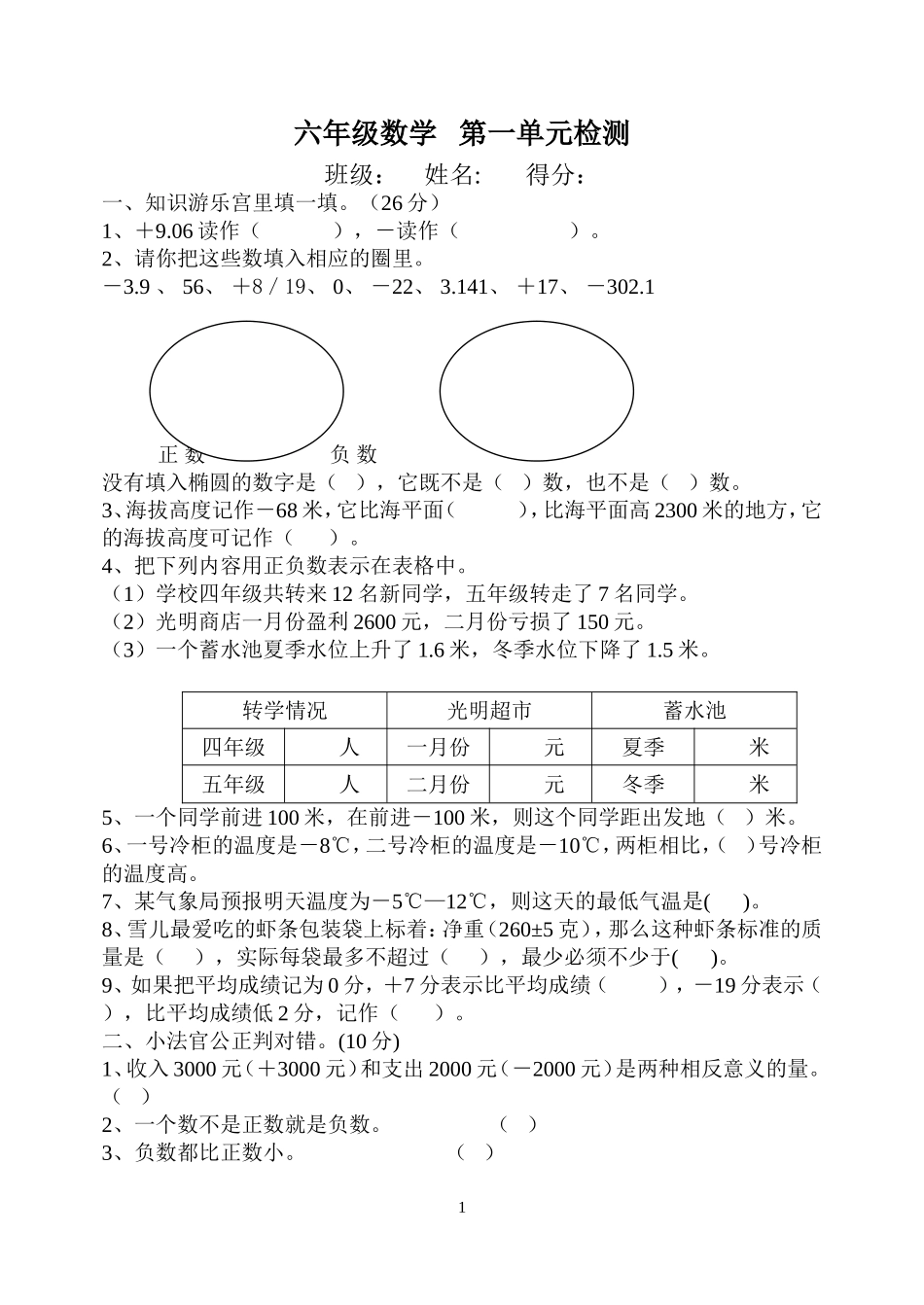 小学数学六年级下第一单元负数检测卷_第1页