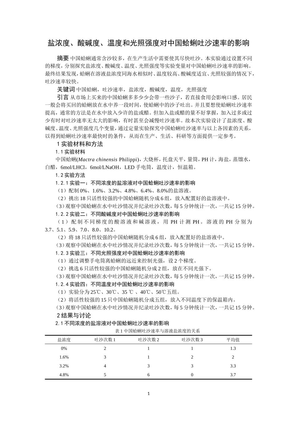 盐浓度、酸碱度、温度和光照强度对蛤蜊吐沙速率的影响201006_第1页