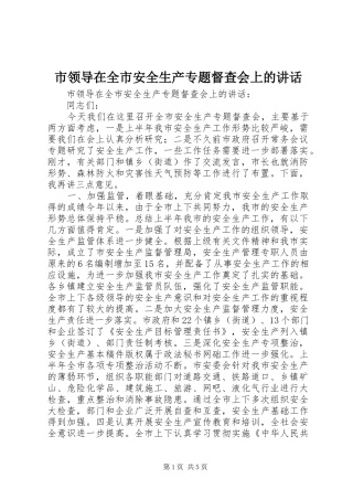 市领导在全市安全生产专题督查会上的讲话发言