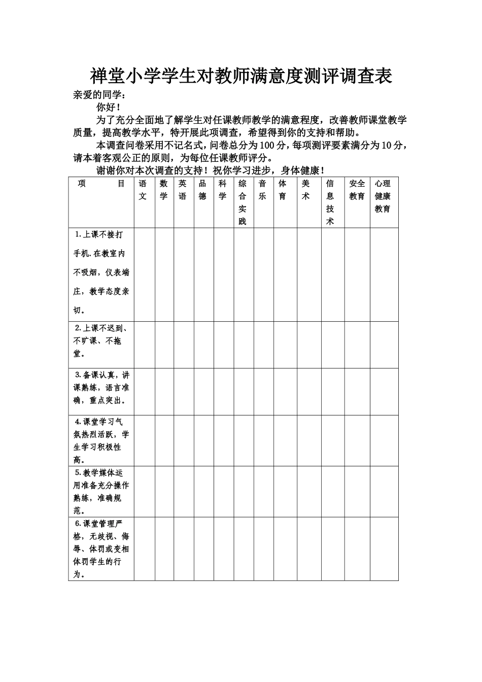 禅堂小学学生对教师满意度测评调查表_第1页