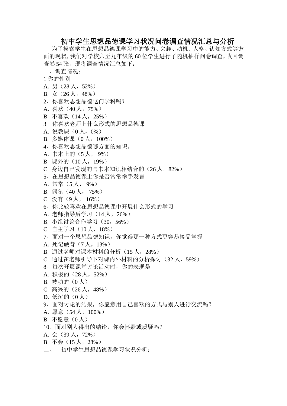初中学生思想品德课学习状况问卷调查情况_第1页