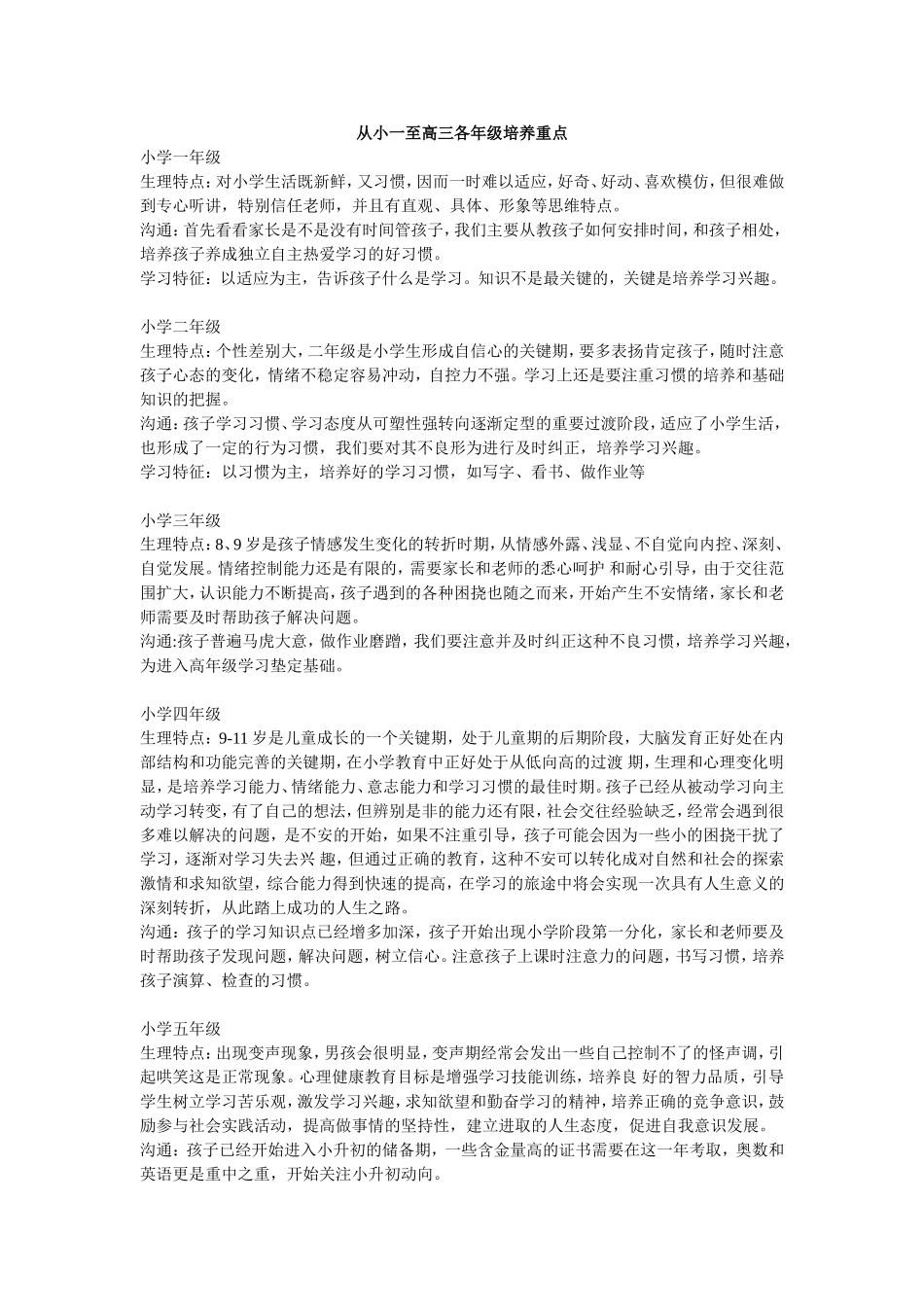 从小一至高三各年级培养重点_第1页
