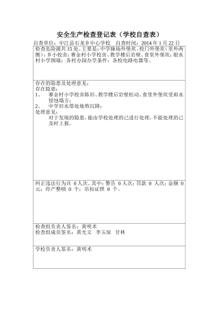 安全生产检查登记表（自查表）