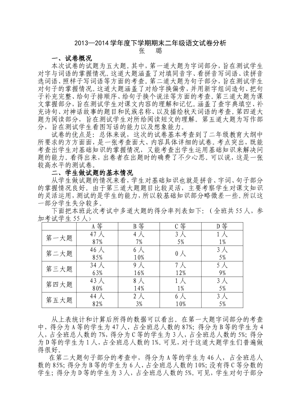 2013—2014学年度下学期期末二年级语文试卷分析_第1页