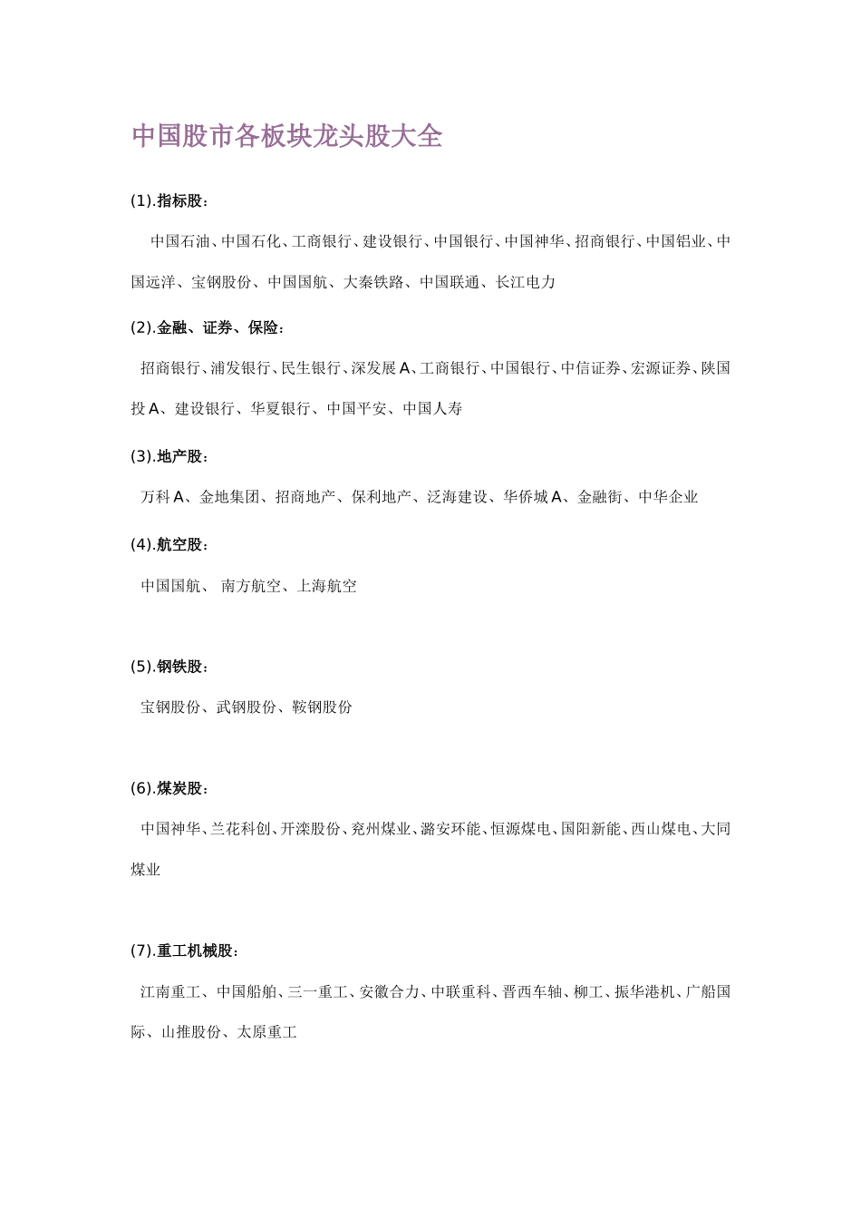 中国股市各板块龙头股大全_第1页