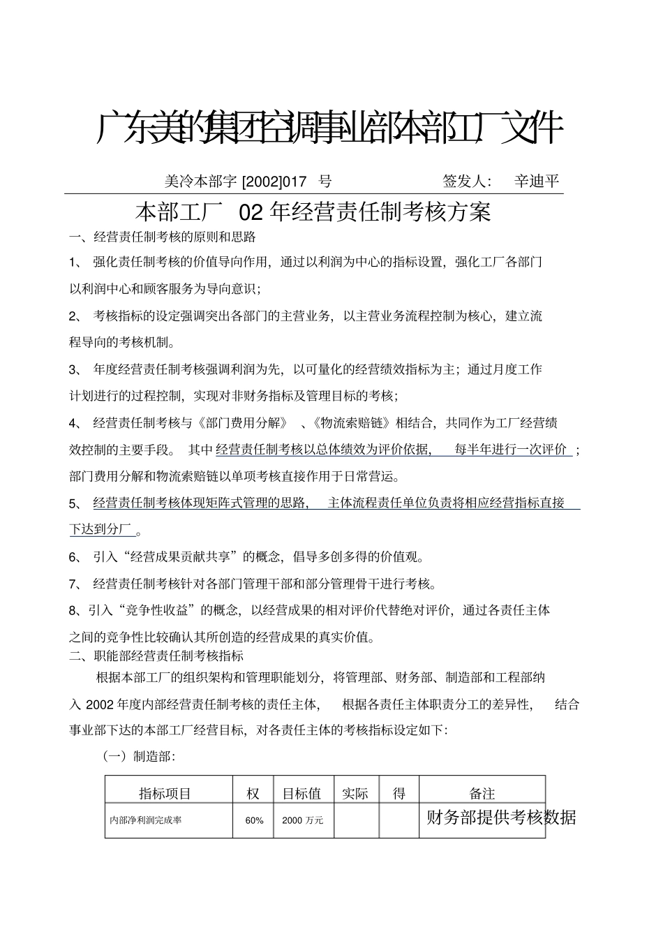 企业管理案例美的管理制度全套经营责任制考核方案_第1页