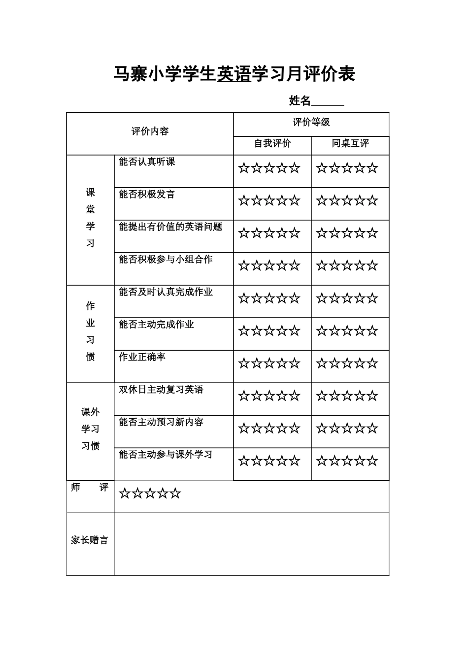 小学生英语学习月评价表_第1页