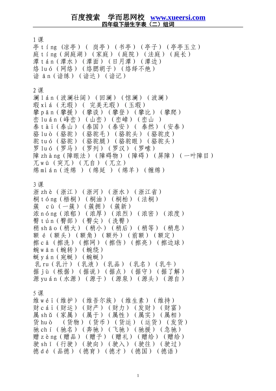 小学四年级语文下册生字表二组词_第1页