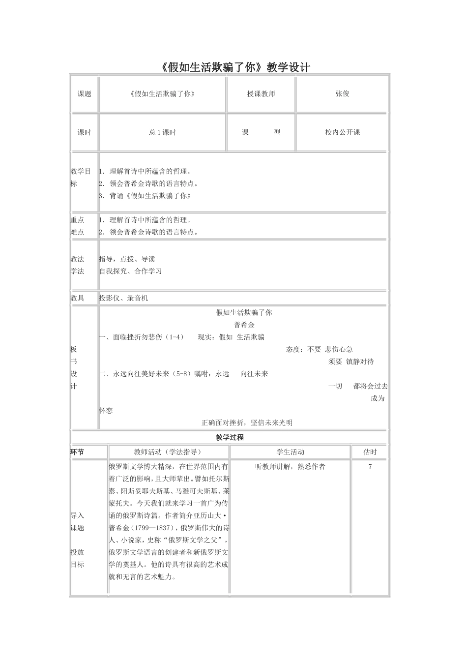 《假如生活欺骗了你》教学设计_第1页