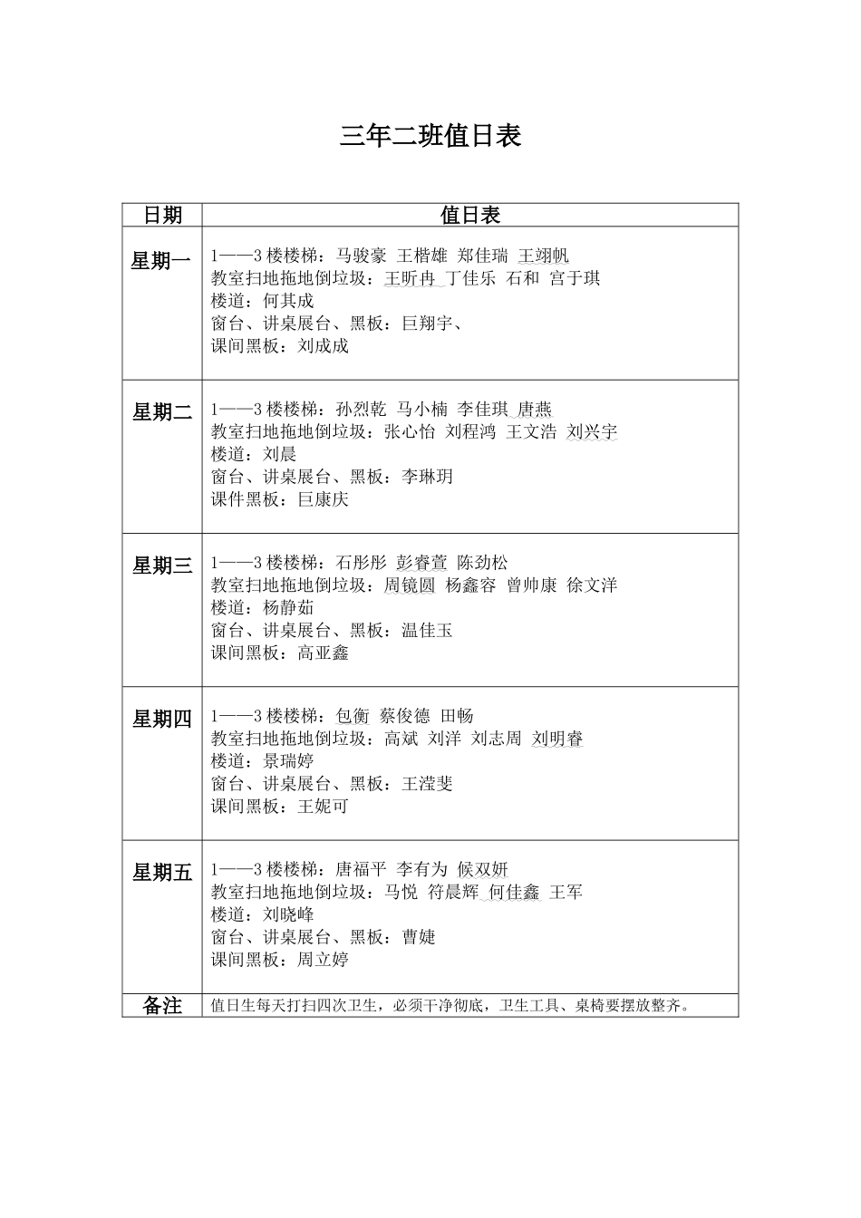 三年二班值日表_第1页