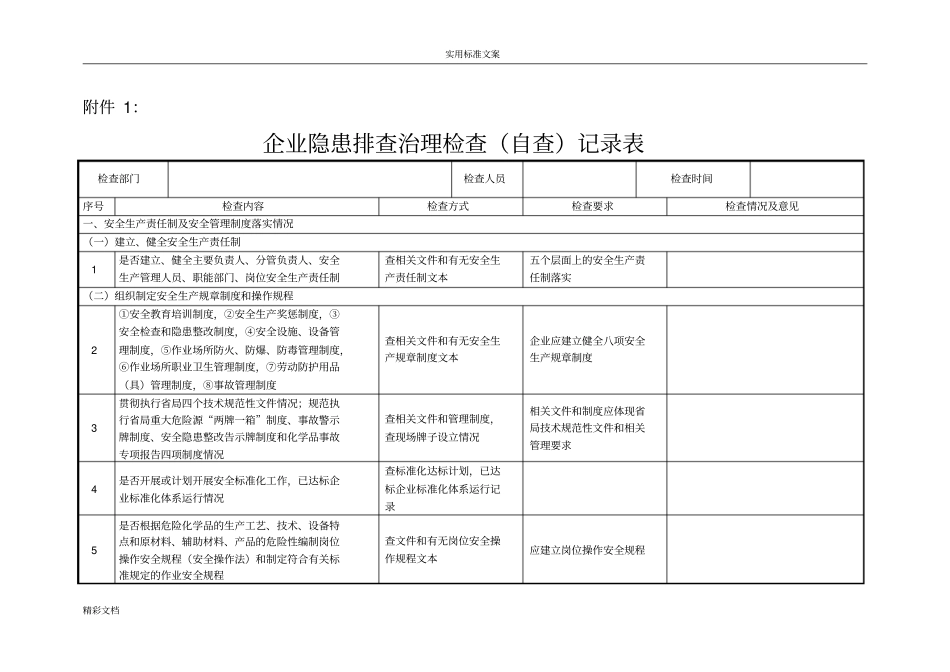 企业隐患排查治理检查自查记录簿表_第1页