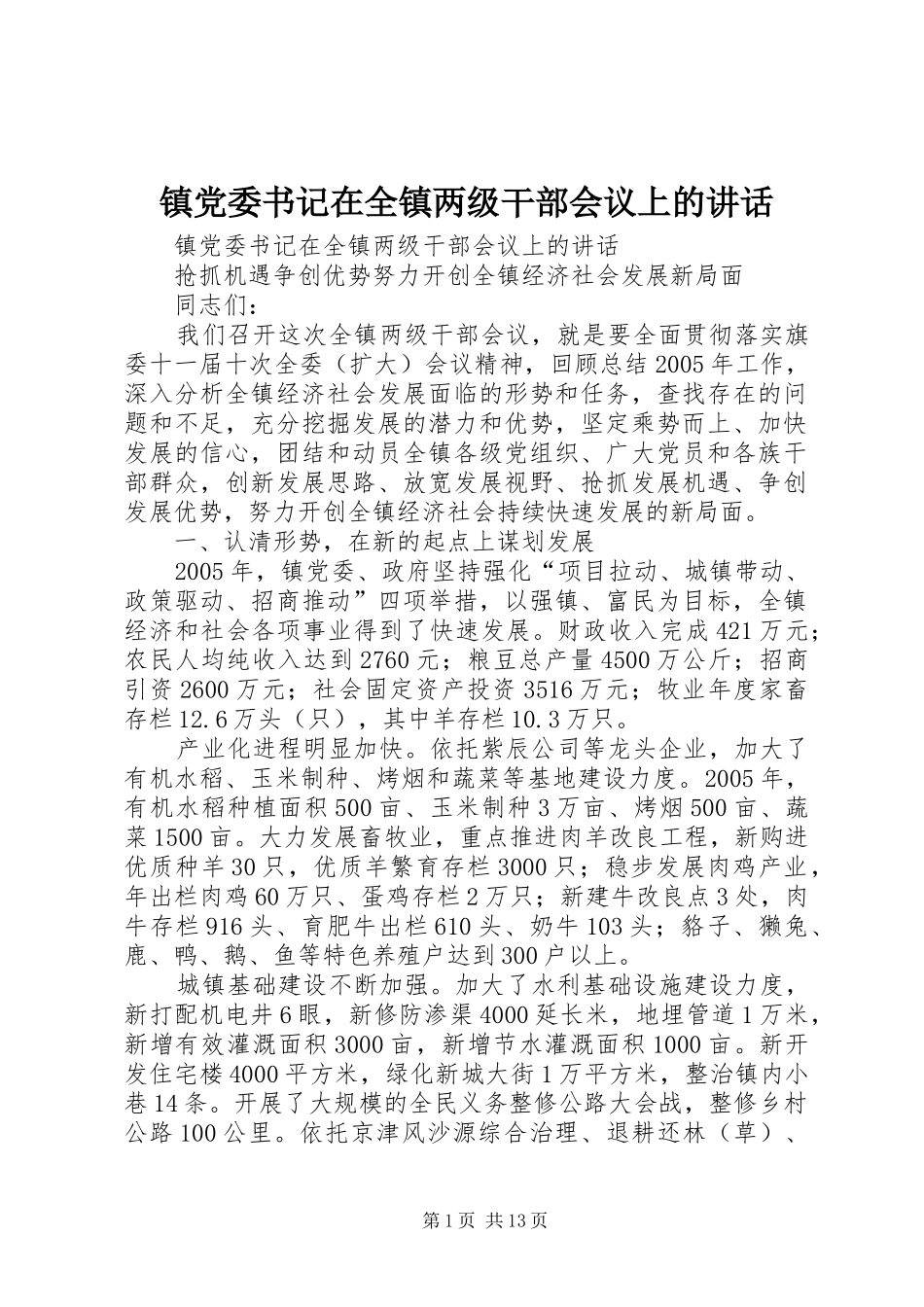镇党委书记在全镇两级干部会议上的讲话发言_第1页