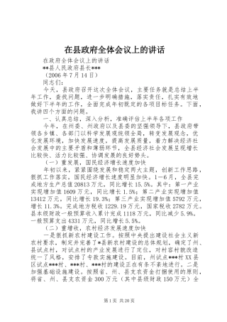 在县政府全体会议上的讲话发言