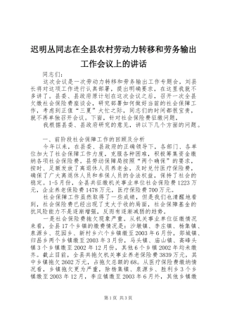 迟明丛同志在全县农村劳动力转移和劳务输出工作会议上的讲话发言
