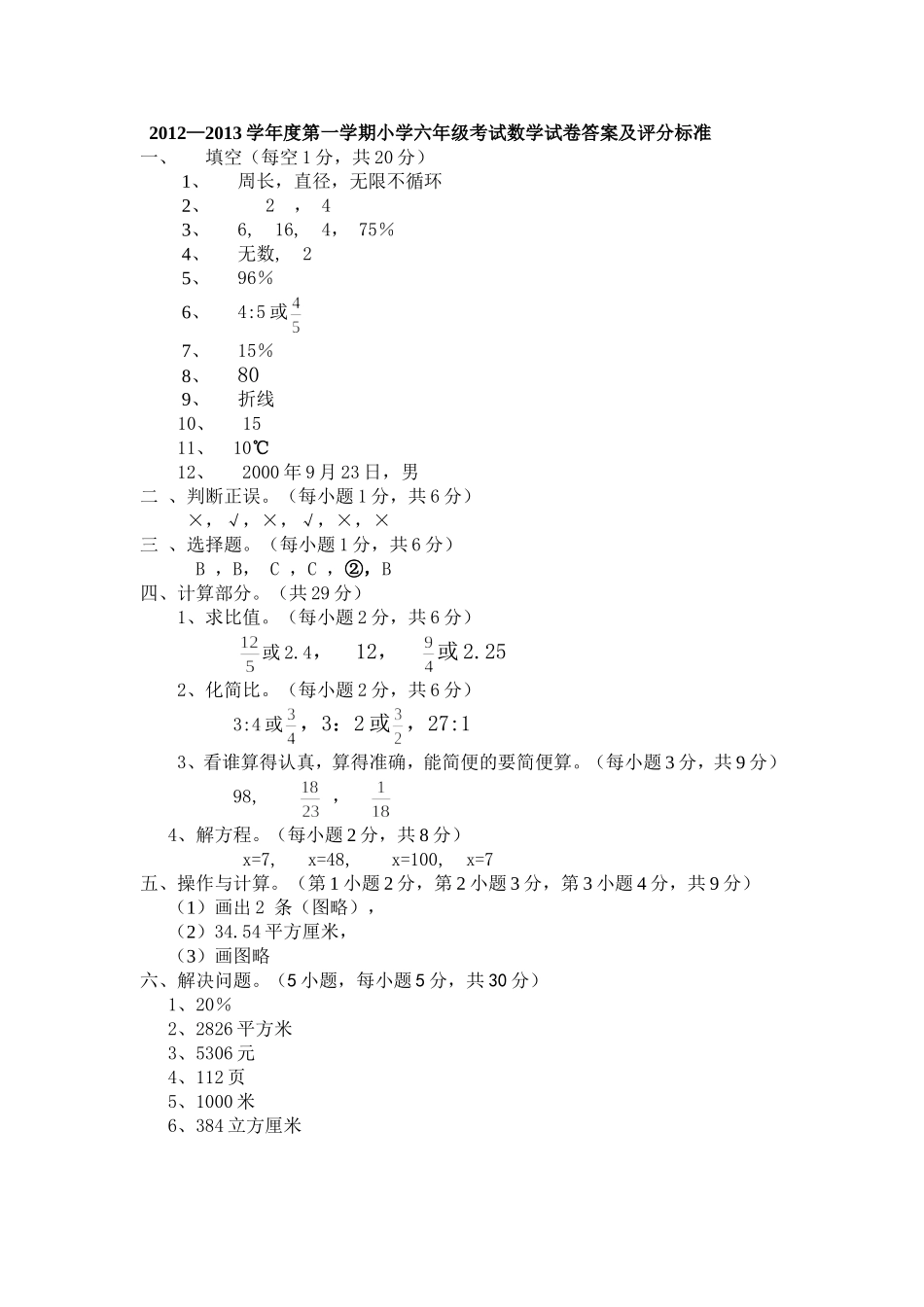 小学六年级模拟试卷参考答案及评分_第1页