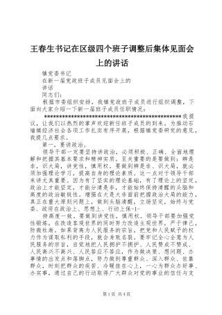 王春生书记在区级四个班子调整后集体见面会上的讲话发言