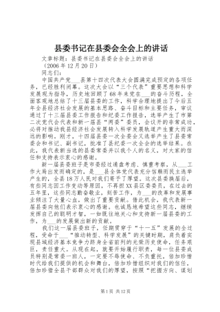 县委书记在县委会全会上的讲话发言