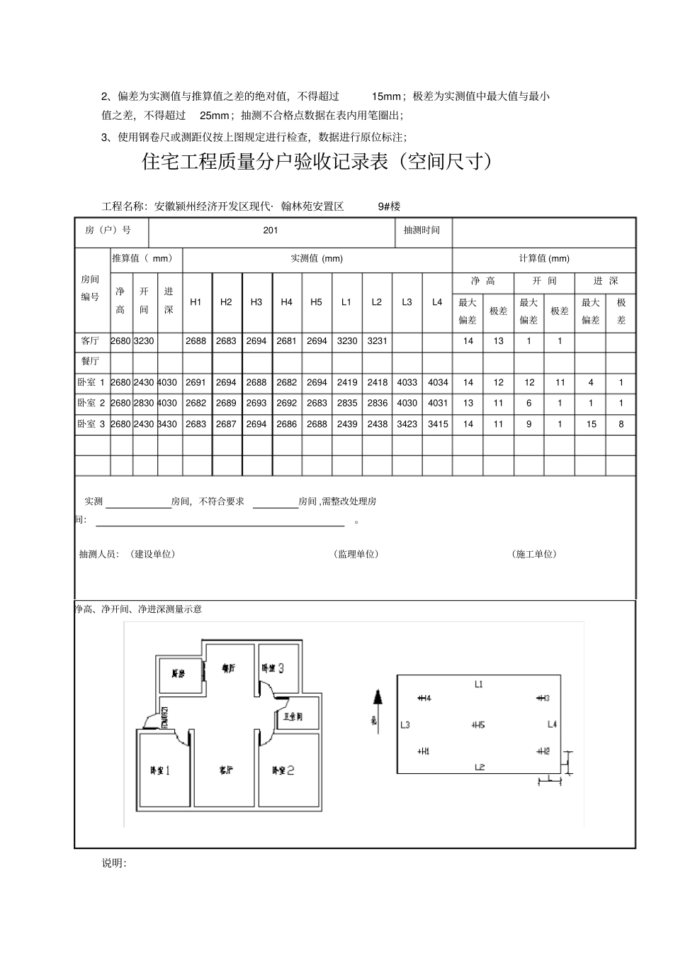 住宅工程质量分户验收记录表空间尺寸_第3页