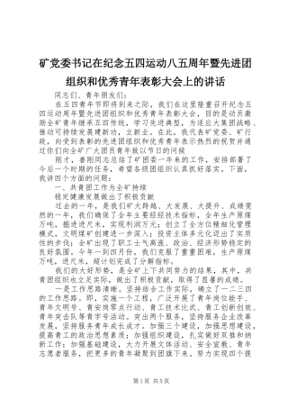 矿党委书记在纪念五四运动八五周年暨先进团组织和优秀青年表彰大会上的讲话发言